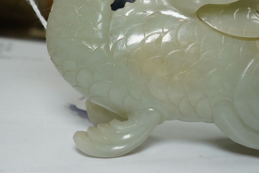 A large Chinese pale celadon jade ‘dragon-fish’ vessel and cover, 19th century